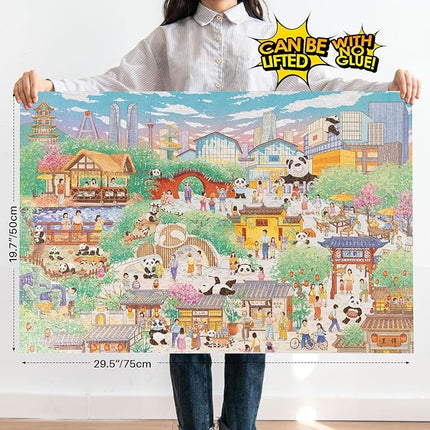 MOMIBOOK Puzzles for Adults 1000 Pieces Jigsaw Puzzles of Chengdu Panda Guide, Painting Image Chinese Difficult Challenging Hard Impossible Puzzle Unique Funny Party Christmas Birthday Gifts