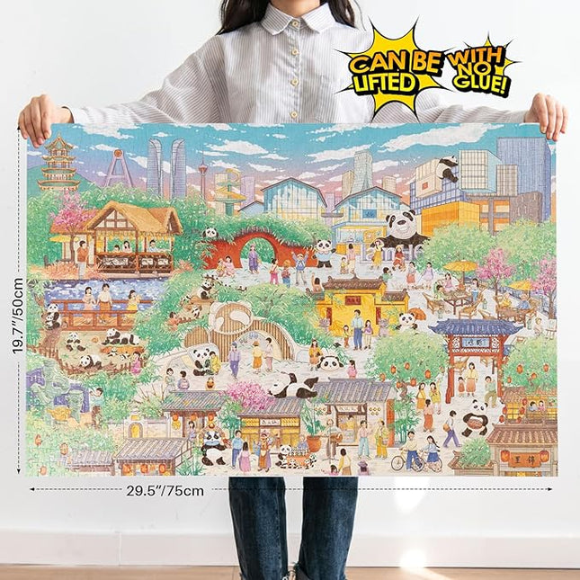 MOMIBOOK Puzzles for Adults 1000 Pieces Jigsaw Puzzles of Chengdu Panda Guide, Painting Image Chinese Difficult Challenging Hard Impossible Puzzle Unique Funny Party Christmas Birthday Gifts
