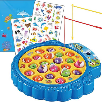 Haktoys Fishing Game Play Set Includes 21 Fish and 4 Fishing Poles on Rotating Board with Music On/Off Switch, Ocean Animal Sticker Book with Reusable Stickers | Board Game for 1-4 Players