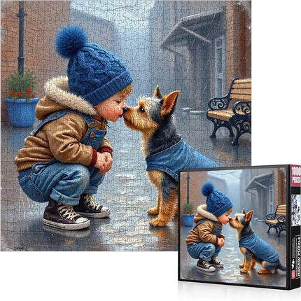 1000 Piece Jigsaw Puzzle for Adults – Adorable Boy & Dog Winter Scene, Cozy Friendship Puzzles with Cute Pet in Denim Jacket, Challenging Family Puzzle