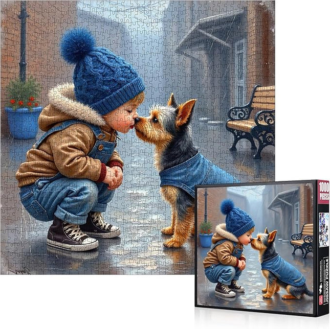 1000 Piece Jigsaw Puzzle for Adults – Adorable Boy & Dog Winter Scene, Cozy Friendship Puzzles with Cute Pet in Denim Jacket, Challenging Family Puzzle