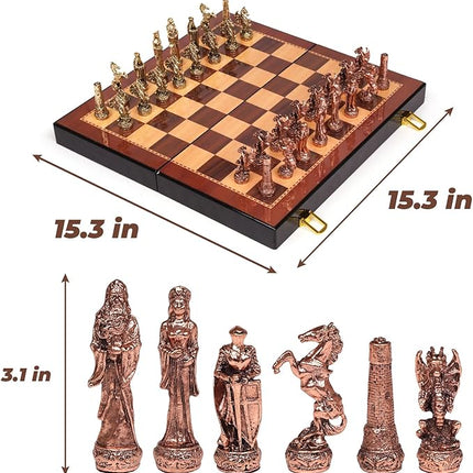 Vintage Figurine Chess Set for Adults and Kids - Wooden Board With Metal Pieces - Travel Chess Set - Collectible Elegant Game - Family Vintage Board Game