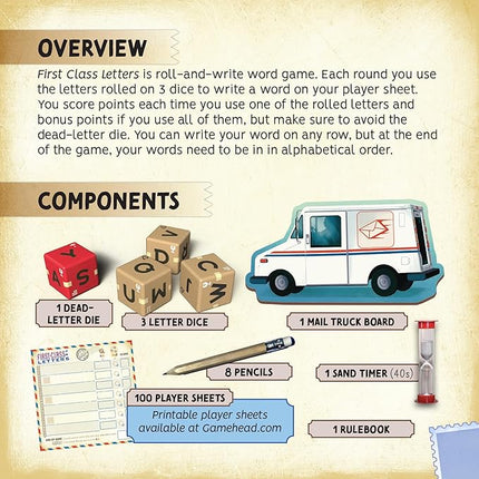 GameHead First-Class Letters, Roll & Write Word Game for Families and Parties, Ages 8+, 1-100 Players, Fast Paced 20 Minute Play Time, Fun and Travel Friendly