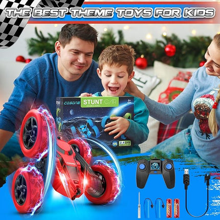 Remote Control Car for Boys - Car Toy for Kids Age 6 7 8 9, 4WD 2.4Ghz Double Sided 360° Rotating RC Cars with Headlights, Christmas Birthday for Boys and Girls - Red