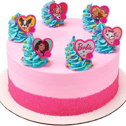 DecoPac Barbie Be The Future Rings, Pink Heart Shaped Cupcake Decorations Featuring Barbie and her Friends For Birthday Party And Celebrations - 24 Pack
