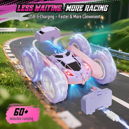 360° Flip RC Car for Girls, Upgraded Dual-Sided Stunt Car with Headlights, 2.4GHz 4WD Remote Control, USB-C Rechargeable Toy Gift for Kids Ages 6+ (Pink-Purple)