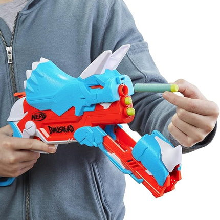 Nerf DinoSquad Tricera-Blast Dart Blaster, Break-Open 3-Dart Loading, 12 Official Darts, Dart Storage, Triceratops Dinosaur Design