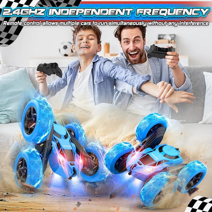 Remote Control Car, RC Cars Toys for Kids Ages 6-12, 4WD Stunt Car with LED Lights & 360° Flips, 2.4GHz, Upgraded USB-C Modular Batteries, 6-10 Year Old Boys Birthday Gift - Blue