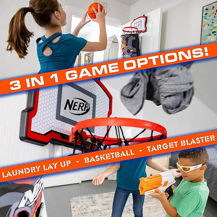 NERF Basketball Hoop Hamper - Laundry Layup Over the Door Basket + Shooting Target - Mini Hoop Hamper + Basketball Set
