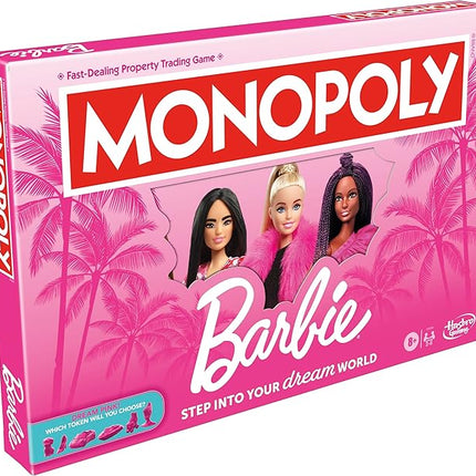 Monopoly: Barbie Edition Board Game, Ages 8+, 2-6 Players, Fun Family Games for Kids and Adults, with 6 Barbie-Themed Pink Zinc Tokens, Kids Gifts