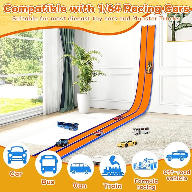 15 Ft Flexible Race Track for Kids – Portable Car Race Track Starter Set with Suction Cups, Rolls Up Easy, Compatible with 1/64 Diecast Cars, Birthday Gift for Boys & Girls Ages 3+ (Orange&Blue)