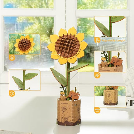 rowood 3D Wooden Puzzles for Adults, DIY Artifical Flower Building Set Craft Kit for Women,Mother's Day/Valentine's Day/Thanksgiving Day/Christmas/Birthday Gift -Sunflower