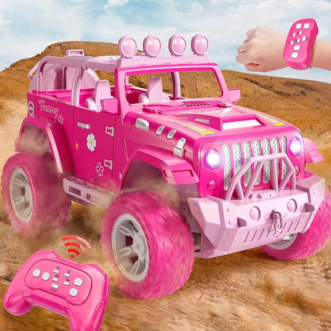 Pink Remote Control Car for Girls 4-7, 2.4GHz Off-Road RC Jeep with Spray, Climbing Toy for Girls Aged 3-4 5-6 7-8 9-10, Remote Control Vehicle Gift for Birthday Christmas Toys