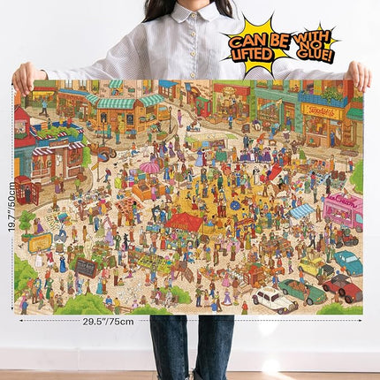 MOMIBOOK Puzzles for Adults 1000 Pieces Jigsaw Puzzles of Happy Shopping at The Market, Painting Image Town Difficult Challenging Hard Impossible Puzzle Unique Funny Party Christmas Birthday Gifts