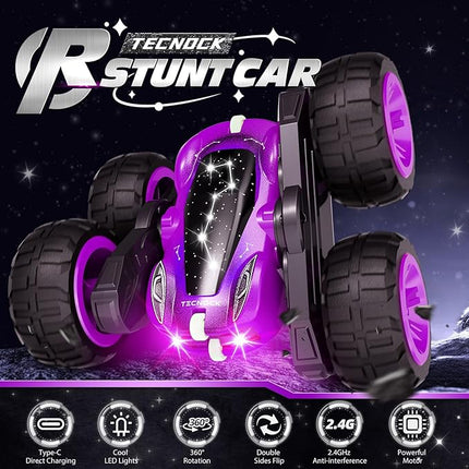 Tecnock Remote Control Car for Kids, 2.4GHz RC Cars with USB-C Easy Charging, 4WD Double Sided 360° Rotates and Flips RC Stunt Car, Toys Gift for Boys and Girls Ages 6-8, 8-12