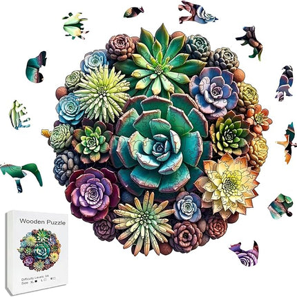 Wooden Puzzles, 320 Pieces Succulent Plants Jigsaw Puzzles, Unique Shaped Wooden Puzzle for Adults and Kids, Family Game(Succulent Plants, Royal)