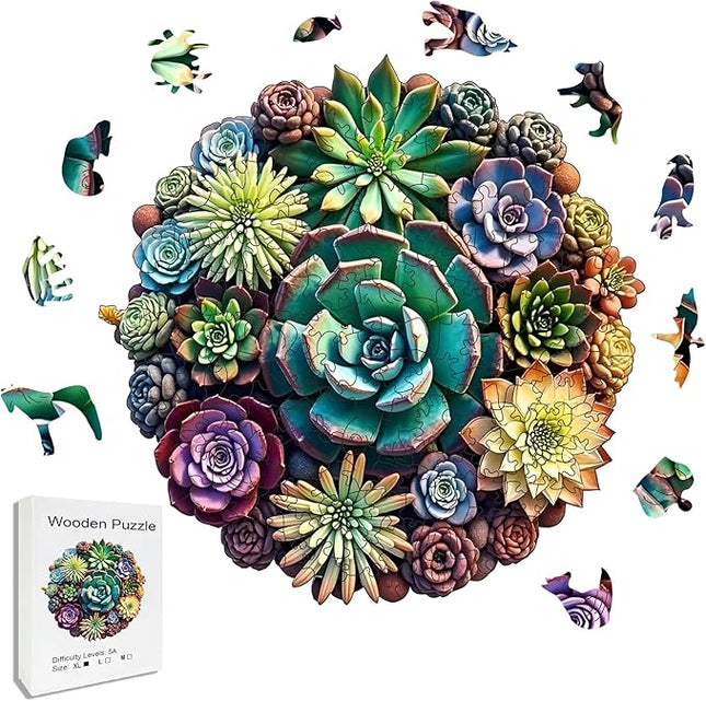 Wooden Puzzles, 320 Pieces Succulent Plants Jigsaw Puzzles, Unique Shaped Wooden Puzzle for Adults and Kids, Family Game(Succulent Plants, Royal)