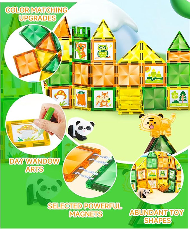 Magnetic Tiles - 47 Pcs Wildlife Building Blocks Set - Sensory Travel Toys for Toddler - STEM Construction Playboards Stacking Toy - DIY Window Art - Birthday Gifts for Boy, Girl