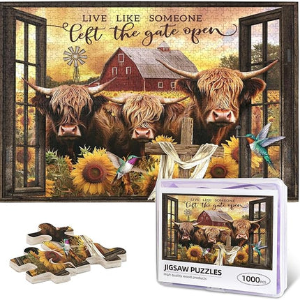 Highland Cow Jigsaw Puzzles 1000 Pieces for Adults, Farm Animal & Sunflowers Country Scene, Rustic Window View Wooden Puzzle, Relaxing Nature Art & Farmhouse Decor Gift