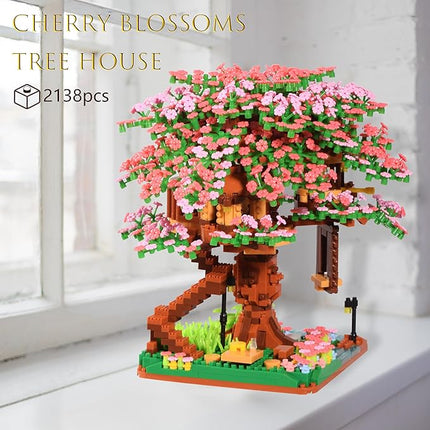 Cherry Blossom Tree Building Block Set Gift for Adults, Cherry Bonsia Treehouse Micro Building Blocks, Japanese Sakura Flowers House 2138PCS