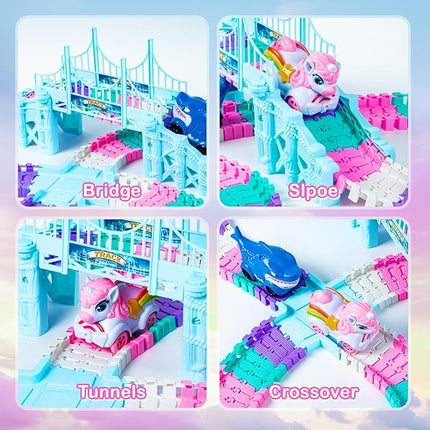 Unicorn Race Track Car Set for Kids, Flexible DIY Tracks with Unicorn and Shark Cars, STEM Building Toy for Girls and Boys Ages 3 4 5 6 7, Birthday Gift Idea