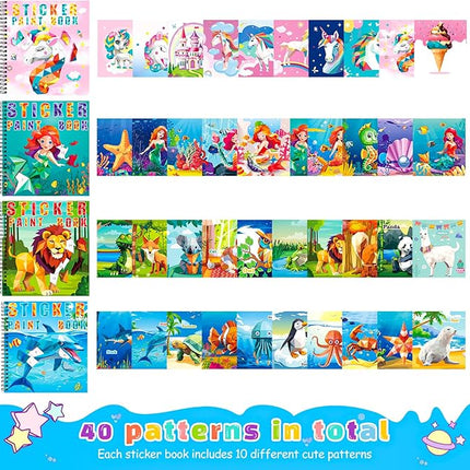 homicozy 4PCS Sticker Paint Books for Kids Ages 4-10,Unicorn Mermaid Animals Designs Paint by Stickers,Sticker by Numbers,Party Birthday Gifts for Girls 4-10,Create 40 Pictures One Stickers at A Time
