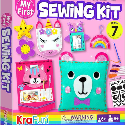 KRAFUN My First Sewing Kit for Beginner Kids Arts & Crafts, 7 Easy DIY Projects of Stuffed Animal Dolls and Plush Pillow Craft, Instructions & Felt, Gift for Girls, Boys, Learn to Sew, Embroidery