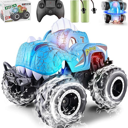 Amphibious Monster Truck Toys, 1:20 Waterproof Dinosaur Monster Trucks for Boys Age 4-7, 2.4GHz All Terrain RC Cars with 2 Batteries, 360° Rotating Stunt RC Car Toy Birthday Gift for Kids 3-5