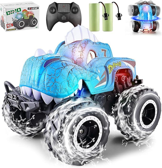 Amphibious Monster Truck Toys, 1:20 Waterproof Dinosaur Monster Trucks for Boys Age 4-7, 2.4GHz All Terrain RC Cars with 2 Batteries, 360° Rotating Stunt RC Car Toy Birthday Gift for Kids 3-5
