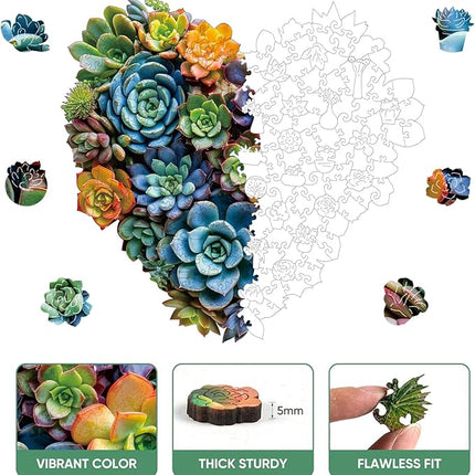 Mys Aurora Jigsaw Puzzles,200 Pieces Heart Succulent Wooden Puzzles for Adults, Unique Shaped Plant Puzzles,Brain Teaser Family Flower Puzzle Game Medium 11.7'' x 11.2''