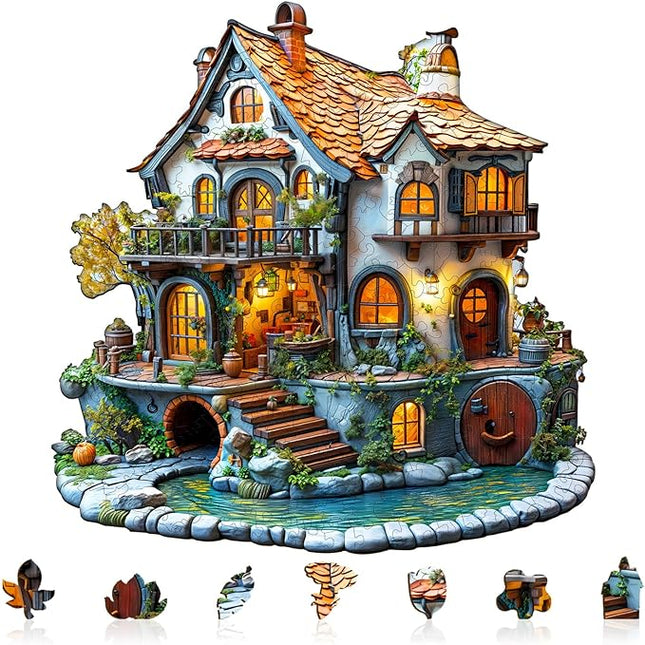 Wooden Puzzles for Adults, Wooden Jigsaw Puzzles for Adults Kids, 3D Glow Cottage Unique Shaped Wood Puzzles Adult, Creative Gifts for Friends Family Game, Home Decor(11.4 * 11.3in 185pcs)