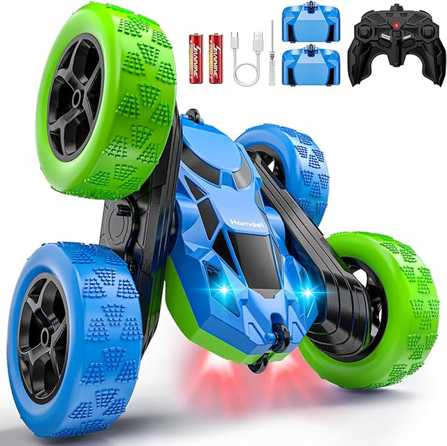 Upgraded RC Car for Kids, 360° Rotating Double Sided Stunt Vehicle with Headlights, 2.4GHz 4WD Remote Control Car, USB-C Rechargeable Electric Toy for Boys & Girls (Blue-Green)