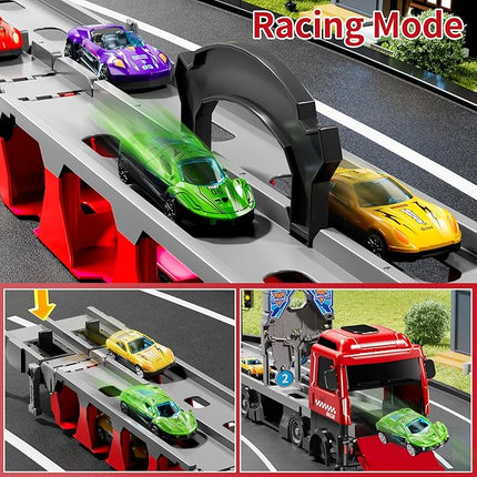 Toy Truck for 3 4 5 6 Years Old Kids Boys, 78-Inch Race Track Transport Vehicle and 12 Die-Cast Metal Toy Cars, Carrier Truck Toddler Truck Car Toys Set Gifts for Age 3-12 Years Old Kids Boys