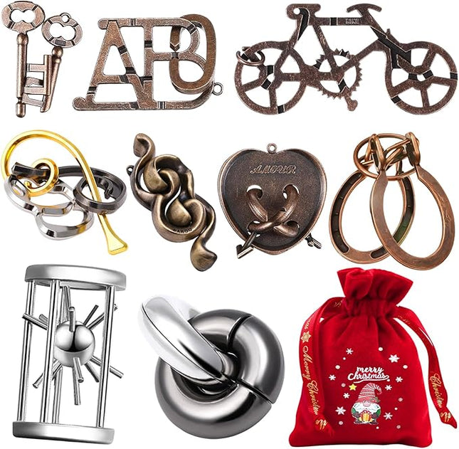 9 PCS Metal Brain Teaser Puzzles Logic Metal Puzzle for Adult Toy Lock Puzzles Gift for AdultsTeenagers (9 PCS Edition X)