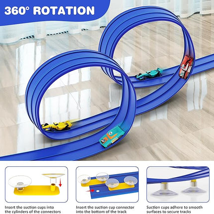 16 Ft Flexible Race Car Ramp Track for Kids Toy with Suction Cups, Compatible with Diecast 1/64th Cars, Rolls Up Portable Racetrack Party Favor Gifts for Boys Ages 3-10 Year Old (Racing Blue)