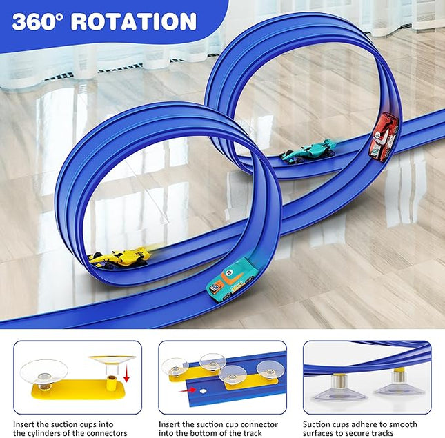 16 Ft Flexible Race Car Ramp Track for Kids Toy with Suction Cups, Compatible with Diecast 1/64th Cars, Rolls Up Portable Racetrack Party Favor Gifts for Boys Ages 3-10 Year Old (Racing Blue)