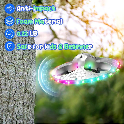 Foam UFO Drone for Kids – RC Plane with Colorful LED Lights, Remote Control Helicopter with Auto Hover, 2 Batteries (15 Mins Flight)