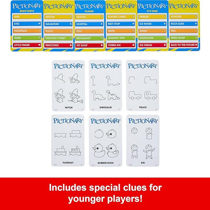 Mattel Games Pictionary Family Board Game for Kids, Adults and Game Night for 2 Teams with Erasable Markers, Boards and Sand Timer