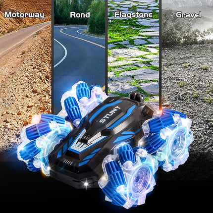 Remote Control Car, 2.4 Ghz 4WD Gesture Sensing RC Stunt Car, Double Sided 360° flip, with Cool Lights and Music, Birthday Present Toys Car for Boys SND Girls Aged 5-12 (Blue)