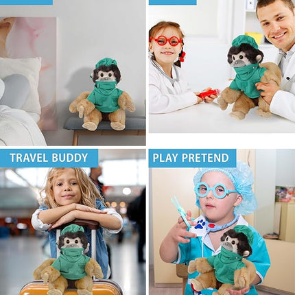 DolliBu Squirrel Monkey Doctor Plush Toy - Super Soft Squirrel Monkey Doctor Stuffed Animal Dress Up with Cute Scrub Uniform and Cap Outfit with Personalization - 12.5 Inch
