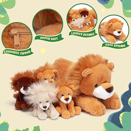 IKASA Mommy Lion Stuffed Animal Mom and Baby Plush Toy, Cute 17" Soft Small Mama Family Set Cuddly Toys with Little Mini Babies,Gifts for Kids