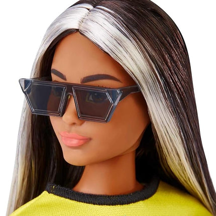Barbie Fashionistas Doll #179, Curvy with Long Highlighted Hair, Flame Crop Top, Checkered Skirt & Accessories Including Sneakers & Sunglasses