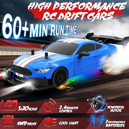RC Drift Car 1:20 Scale Remote Control Cars 2.4GHz 4WD High Speed RTR Racing Vehicle with LED Lights 2 Rechargeable Batteries and Drifting Tires Racing Sport Toy Car for Adults Kids Boys Girls