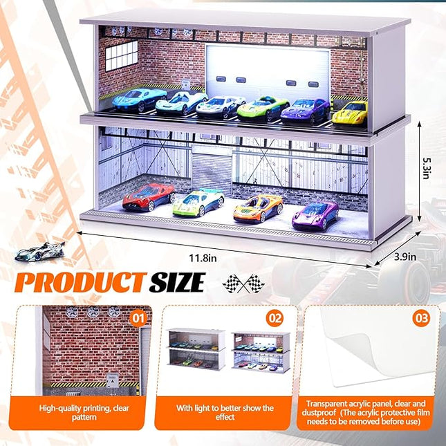 2 Pcs Display Case for Toy Car Garage with LED Light Stackable 1/64 Scale Diecast Toy Cars Garage for Maximum 58 Model Car Display and Storage(Red Bricks)