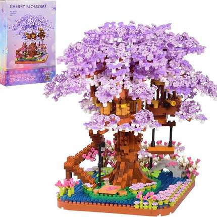 Cherry Blossom Bonsai Tree Micro Building Set Creative Gift for Adults 14+, Japanese Purple Cherry Tree House Micro Blocks Model for Adults, Flowers House 2200PCS