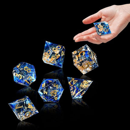 AUSTOR 7-Die DND Dice Set Handmade Sharp Edge Polyhedral Dice for Dungeons and Dragons RPG MTG Table Games（Tranlucent Blue with Glod Sequins）