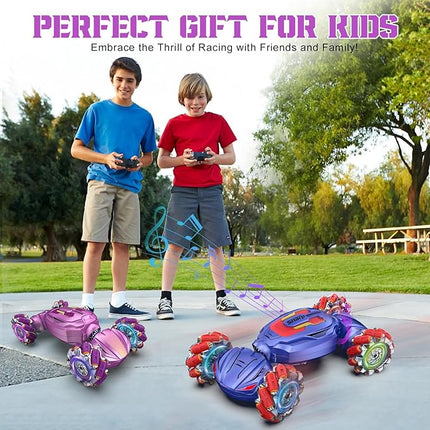Gesture Sensing RC Stunt Car, Boys Girls Ages 6-12 Birthday Gift Ideas, 4WD Transform Off Road for Rotating Hand-Controlled 2.4Ghz Remote Control Twist Cars with Lights and Music Purple