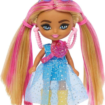 Barbie Extra Mini Minis Doll with Pink-Streaked Blonde Pigtails Wearing Blue Dress & Accessories, Plus Stand, 3.25-inch