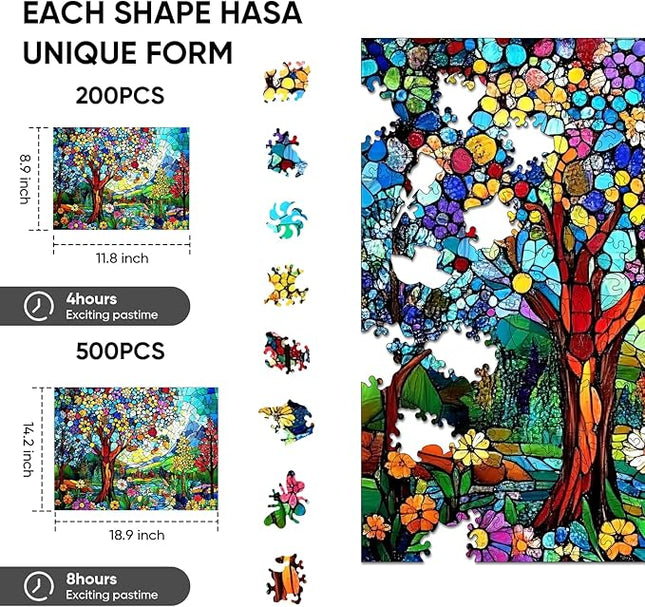 Wooden Puzzles for Adults 500 Pieces, Stained Glass Tree of Life Jigsaw Puzzles, Adults Puzzles, Birthday Gifts for Puzzle Lover, Family Brain Game 14.2x18.9 inch