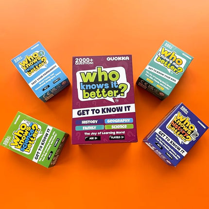 QUOKKA Who Knows Better? - Original - Family Card Trivia Game | Fun Learning & Educational Questions for Families | Suitable for Boys & Girls